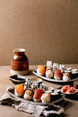 Japanese dish sushi and rolls rice with fish