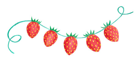Watercolor hand painted garland made of red ripe juicy strawberry berries isolated on white...