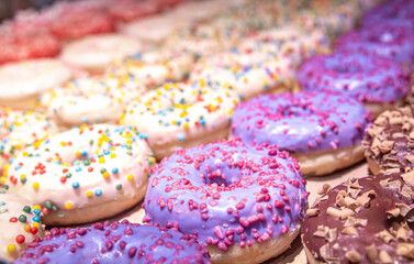 Close up of different donuts with sugar, frosted, glaze, and sprinkles.