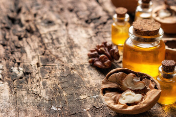 natural cosmetics on wooden background with place for text
