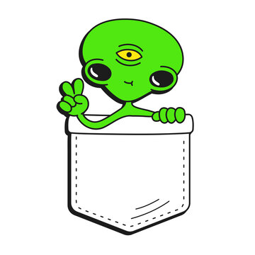 recommend clip art: Cute funny alien in pocket t-shirt print.Vector cartoon doodle line style character logo illustration design.Isolated on white background. Funny alien print for pocket t-shirt,clothing concept