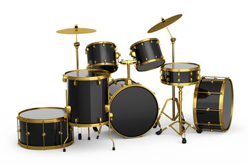 Fototapeta na wymiar Set of realistic drums with metal cymbals or drumset on white background