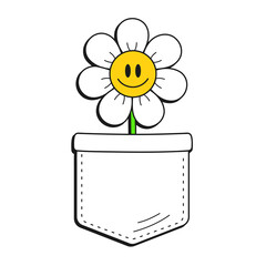Cute funny kawaii flower in retro pocket t-shirt print.Vector cartoon doodle character logo illustration design. Funny vintage chamomile retro flower print for pocket t-shirt,clothing concept