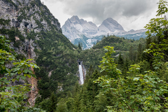 View to the waterfall from the river Partnach in Bavaria Germany. With melt water from the Schneeferner Glacier.