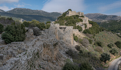 Generla view of the Southern Wall of Nimrod fortress with the Keem and the Beautiful Tower, located in Northern Golan, at the southern slope of Mount Hermon, the biggest Crusader-era castle in Israel