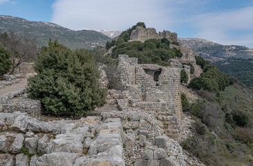 Fototapeta na wymiar View of the Southern Wall of Nimrod fortress with the Keem and the Beautiful Tower, located in Northern Golan, at the southern slope of Mount Hermon, the biggest Crusader-era castle in Israel
