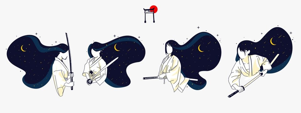 Female samurai vector illustration collection