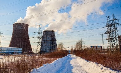 Industrial landscape. Cooling towers of a thermal power plant