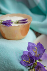 Spa items outdoors in garden in blue and purple colours,