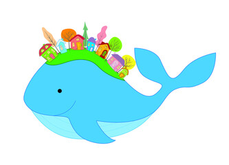 Cute funny blue whale cartoon kid with buildings and trees oh the back isolated icon. Vector illustration.