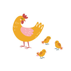 Bright cartoon chicken with little chickens. Children's vector illustration of mother chicken with her babies.