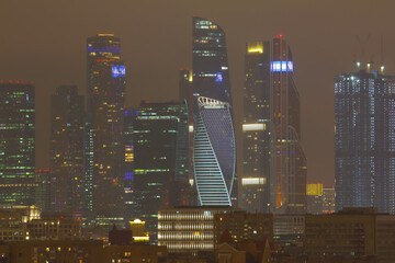 Night landscape with view of Moscow City building with night lights