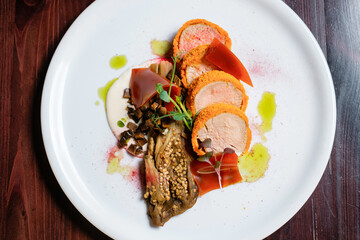 Meat fried with vegetables. Restaurant menu design concept.