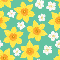 Floral spring background. Yellow daffodils and white cherry flowers seamless pattern. Vector cartoon flat botanical illustration.