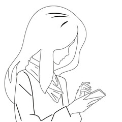 Phone, smartphone. The girl is holding a phone in her hand, reading a message, talking on a video link. Trendy colors. Vector. Flat.