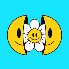 Two half of smile face with chamomile flowe inside.Vector cartoon character illustration.Isolated on white background. Smile emoji face,chamomile flower,positive print for t-shirt,poster concept