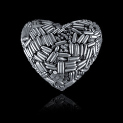 Bullet Valentine handgun - 3D illustration of pistol ammunition forming heart shape isolated on black - 492436208