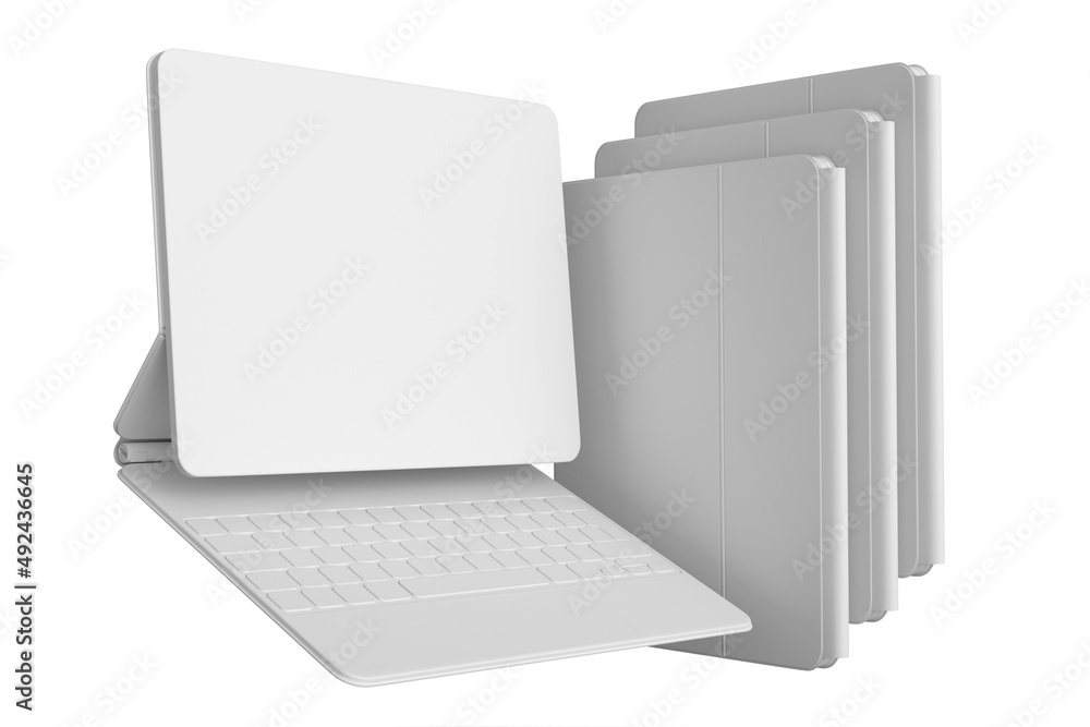 Poster set of computer tablet with keyboard and blank screen isolated on white.