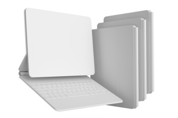 Set of computer tablet with keyboard and blank screen isolated on white.