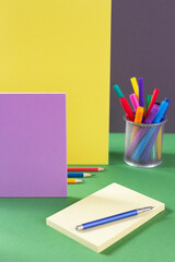 Memory paper and school supplies on table. Back to school concept