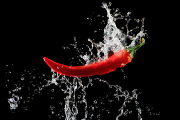 Red pepper with water splash over black background