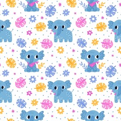 Baby elephants seamless pattern. Little animals with color monstera leaves. Tropical creatures. Jungle foliage and flowers. Funny nursery kids wallpapers with fauna. Vector background