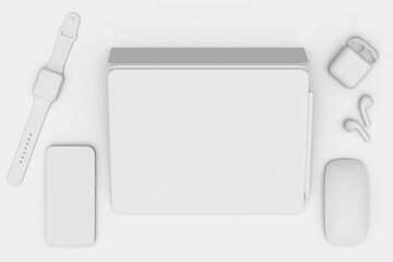 Computer tablet with mouse, smartwatch, phone and headphone on white background