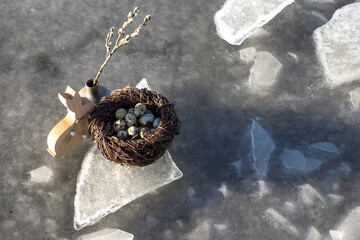 Easter bunny and nest with eggs on piece of ice