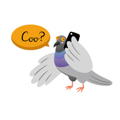 Cute hand drawn pigeon talking on  mobile phone. Concept of a business person in the city. Flat style isolated vector illustration