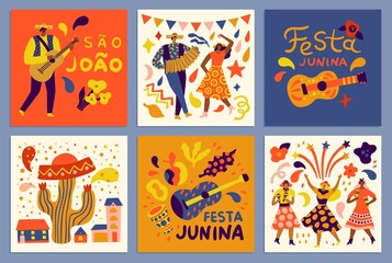 Festa Junina. Farmer musical festival. Latino people dancing and playing guitar or accordion. Colorful clothes. Brazil folk holiday. Square banners. Party invitations. Vector cards set