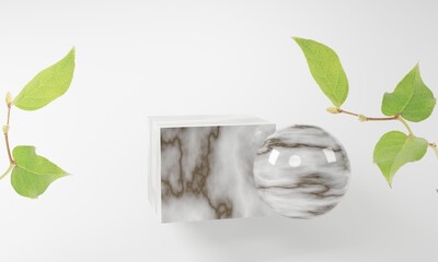 product display marble podium with nature leaves background. 3D rendering.