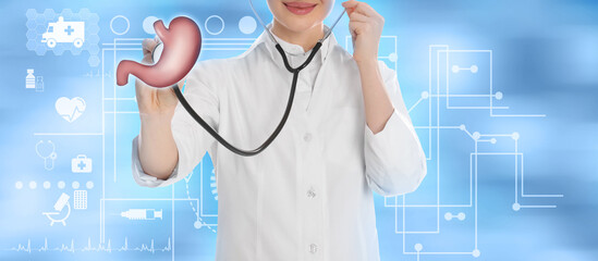 Illustration of stomach and doctor with stethoscope on light blue background, closeup. Banner design