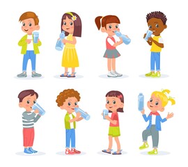 Kids drink water. Happy boys and girls hold plastic bottles and cups with clean water. Children quench thirst. Young people with glasses. Healthy habits. Vector thirsty persons set