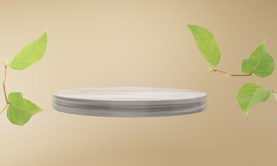 product display marble podium with nature leaves background. 3D rendering.