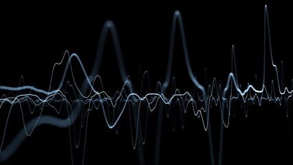 Abstract line waves oscillation. Artificial waveform on clean black copy space looping animation background.