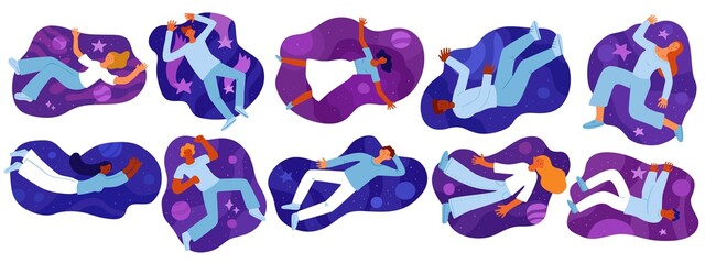 People flying in space. Floating among stars and planets men and women. Cosmic dreams. Persons in weightlessness. Zero gravity. Vector set of young characters relaxing in various poses