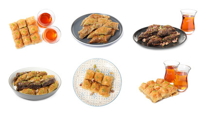 Set with tasty sweet baklava on white background
