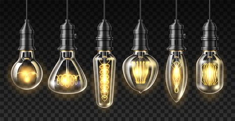 Realistic loft light bulbs. 3D Edison lamps. Steampunk vintage design. Different incandescent filaments weaving and lightbulbs shapes set. Hanging on wire. Vector indoor illumination