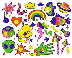 Retro psychedelic elements. Surreal hippie symbols. Acid colors stickers. Mushrooms and skull. Clouds with lightning. Rainbow or alien head. Bomb explosion. Vector weird bright icons set