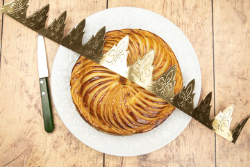 top view galette des rois, king's epiphany cake with a crown