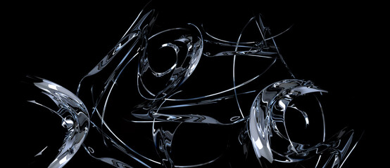elegant geschwungenes glas kunstwerk mit schwarzem hintergrund als studio 3d render, abstrakt technologie backdrop, motiondesign, zeitlos modern