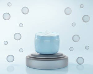 Cosmetics bottles on round podium with air bubbles . Mockup 3d illustration