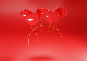 3d red balloons in the shape of a heart on a red background. Festive congratulatory concert. 3d realistic illustration