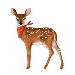 cute little deer with red scarf, watercolor style illustration, animal clipart with cartoon character