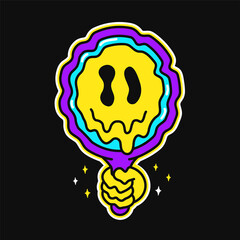 Funny psychedelic melt smile face in mirror logo.Vector cartoon character illustration logo.Smile yellow groovy faces melt,acid,techno,mirror,trippy print for t-shirt,poster,card concept - obrazy, fototapety, plakaty