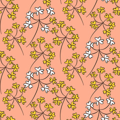 Vector seamless half-drop pattern, with leaves and flowers