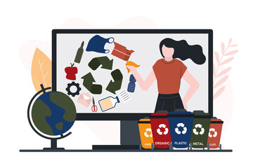 Cartoon woman on computer screen. Female character appealing for intelligent waste separation and recycling. Waste recycle sign. Protection and saving of environmental