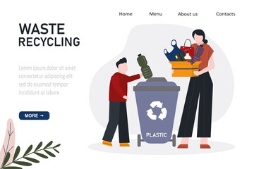 Cartoon people sorting and throwing garbage in can. Recycling and sort waste. Separation and recycle trash. Refuse collection, segregation and reclamation