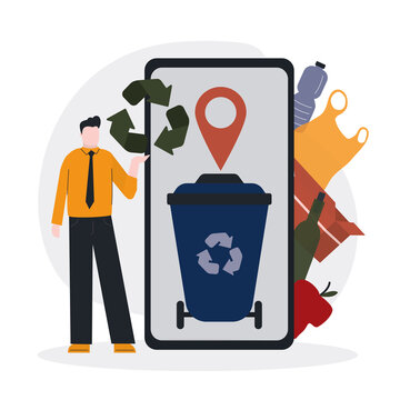 Cartoon man holding sign of recycle. Phone screen with mobile application to find waste bins for separation and recycling garbage. Refuse collection