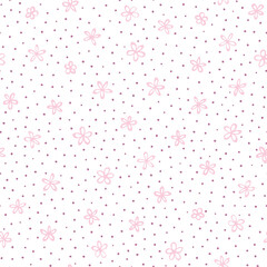 Pink flower seamless pattern. Cute flowers and dots vector background for design and fashion prints. For scrapbooking, fabric, wrapping, invitations, card.